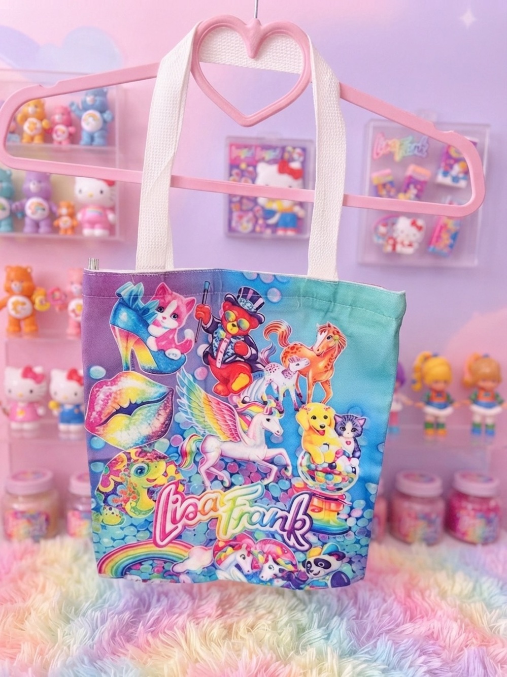 Lisa Frank Pastel Rainbow Character Tote Bag with White Straps